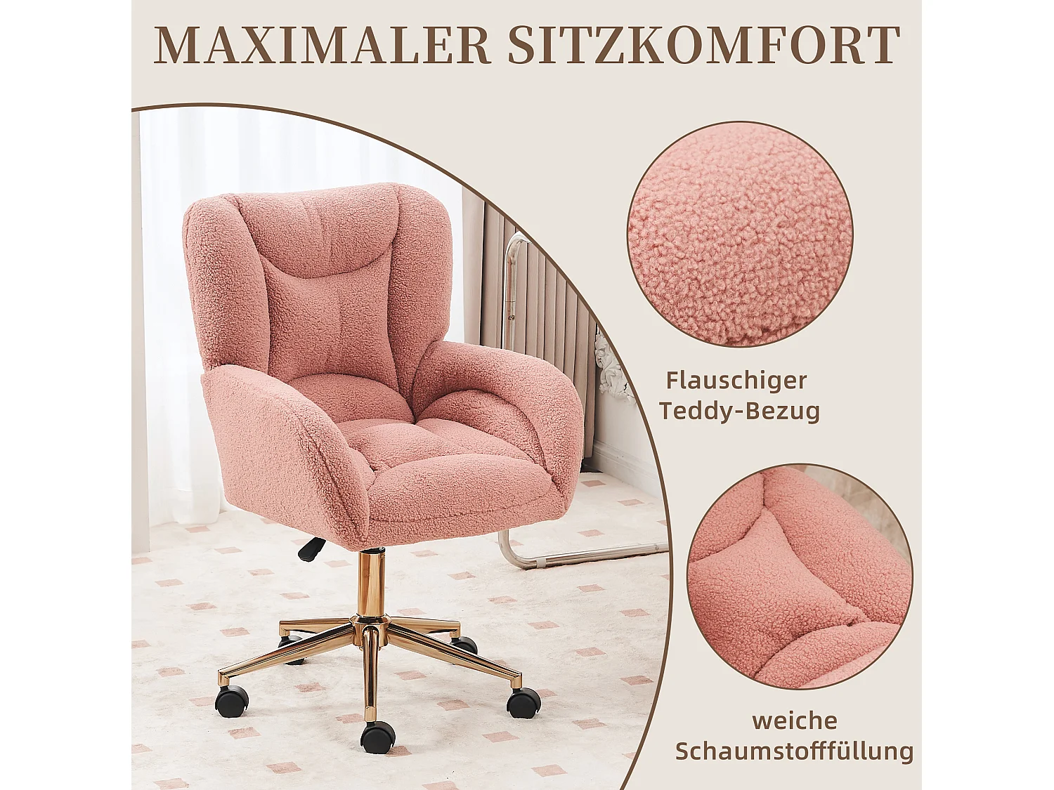 Chaise de bureau Teddy réglable en hauteur avec base en métal, tissu Sherpa rose, accoudoirs, roues pivotantes à 360°