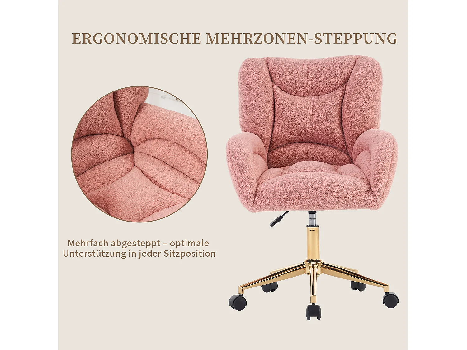 Chaise de bureau Teddy réglable en hauteur avec base en métal, tissu Sherpa rose, accoudoirs, roues pivotantes à 360°