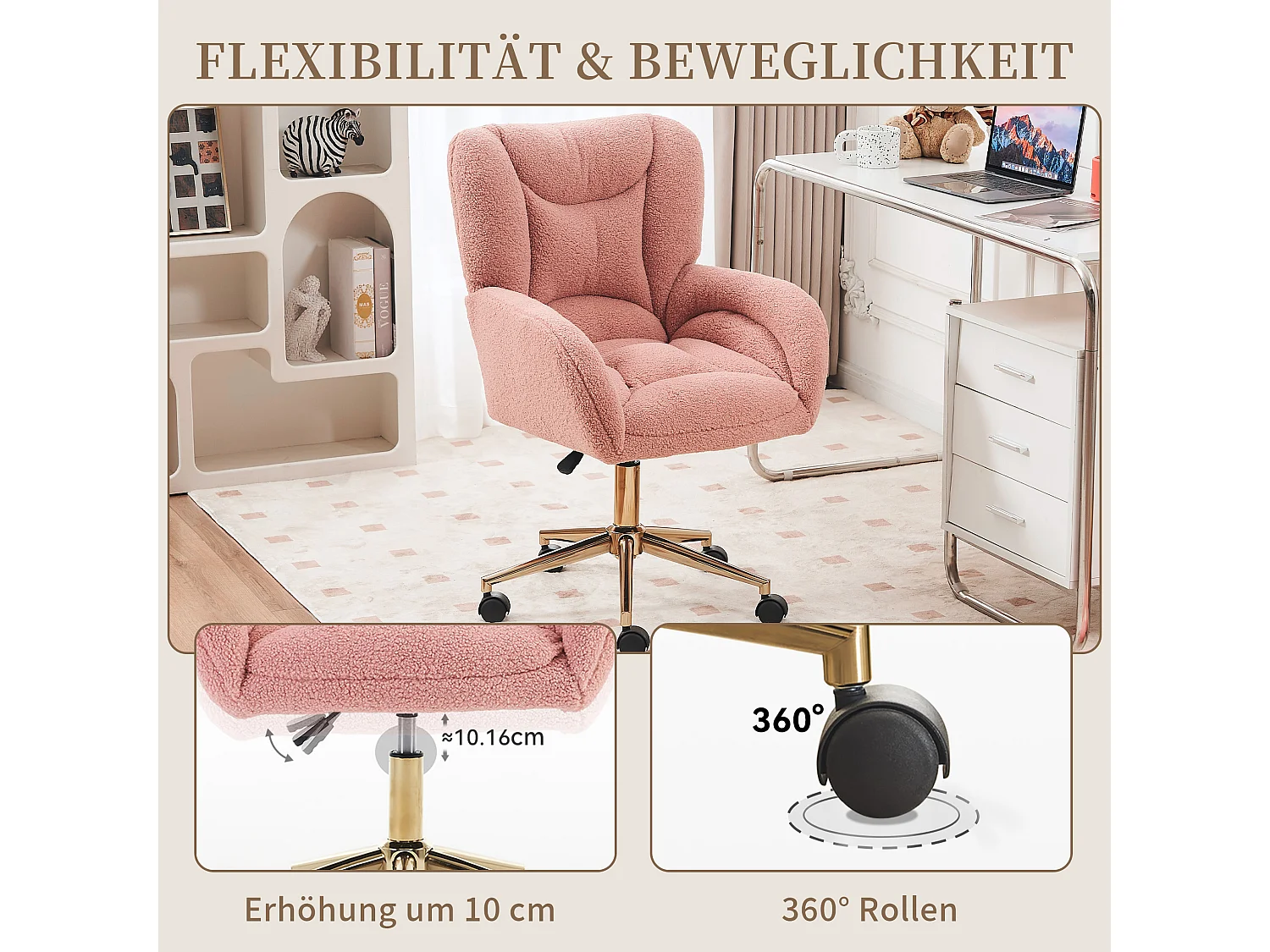 Chaise de bureau Teddy réglable en hauteur avec base en métal, tissu Sherpa rose, accoudoirs, roues pivotantes à 360°