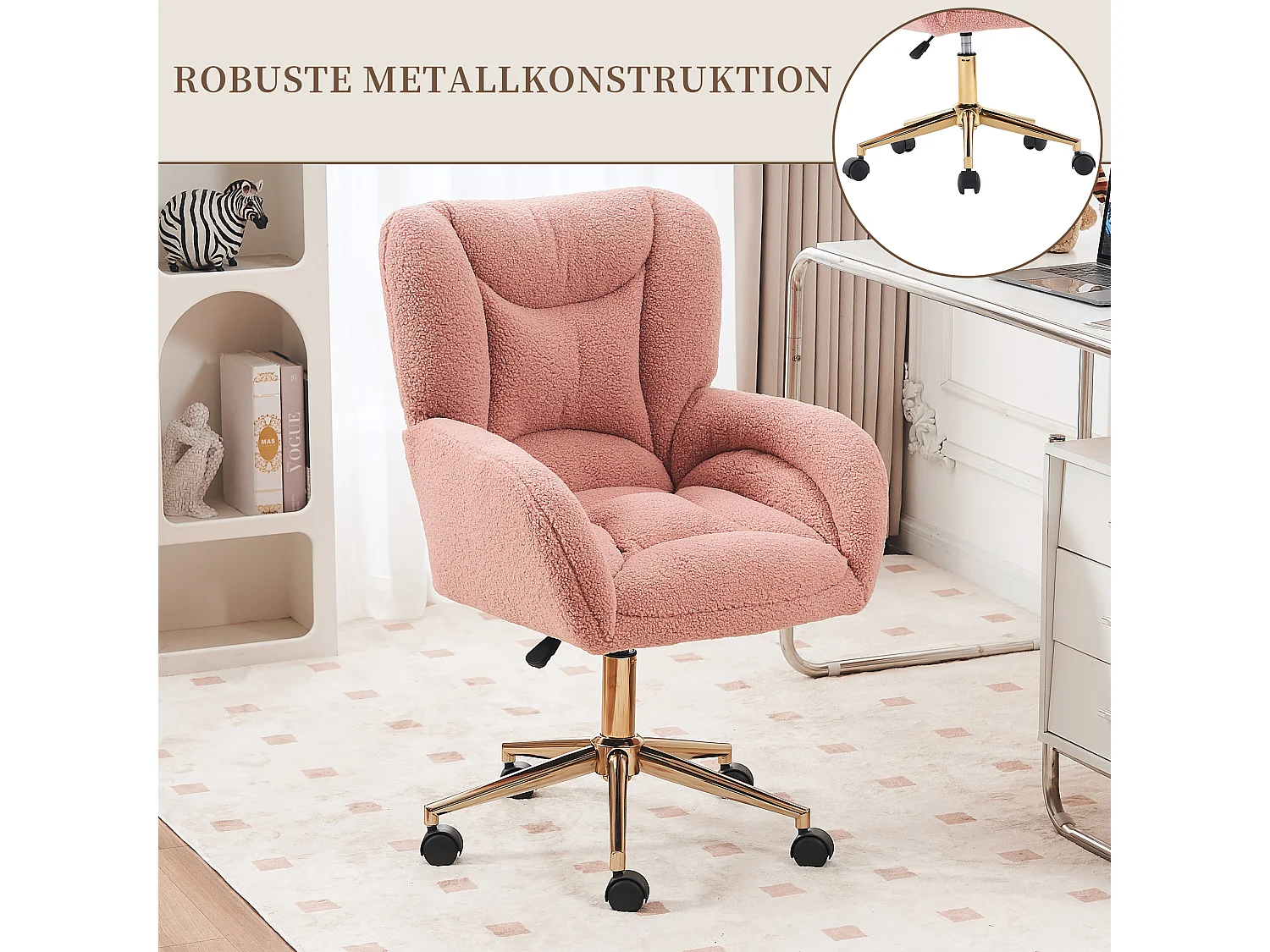 Chaise de bureau Teddy réglable en hauteur avec base en métal, tissu Sherpa rose, accoudoirs, roues pivotantes à 360°