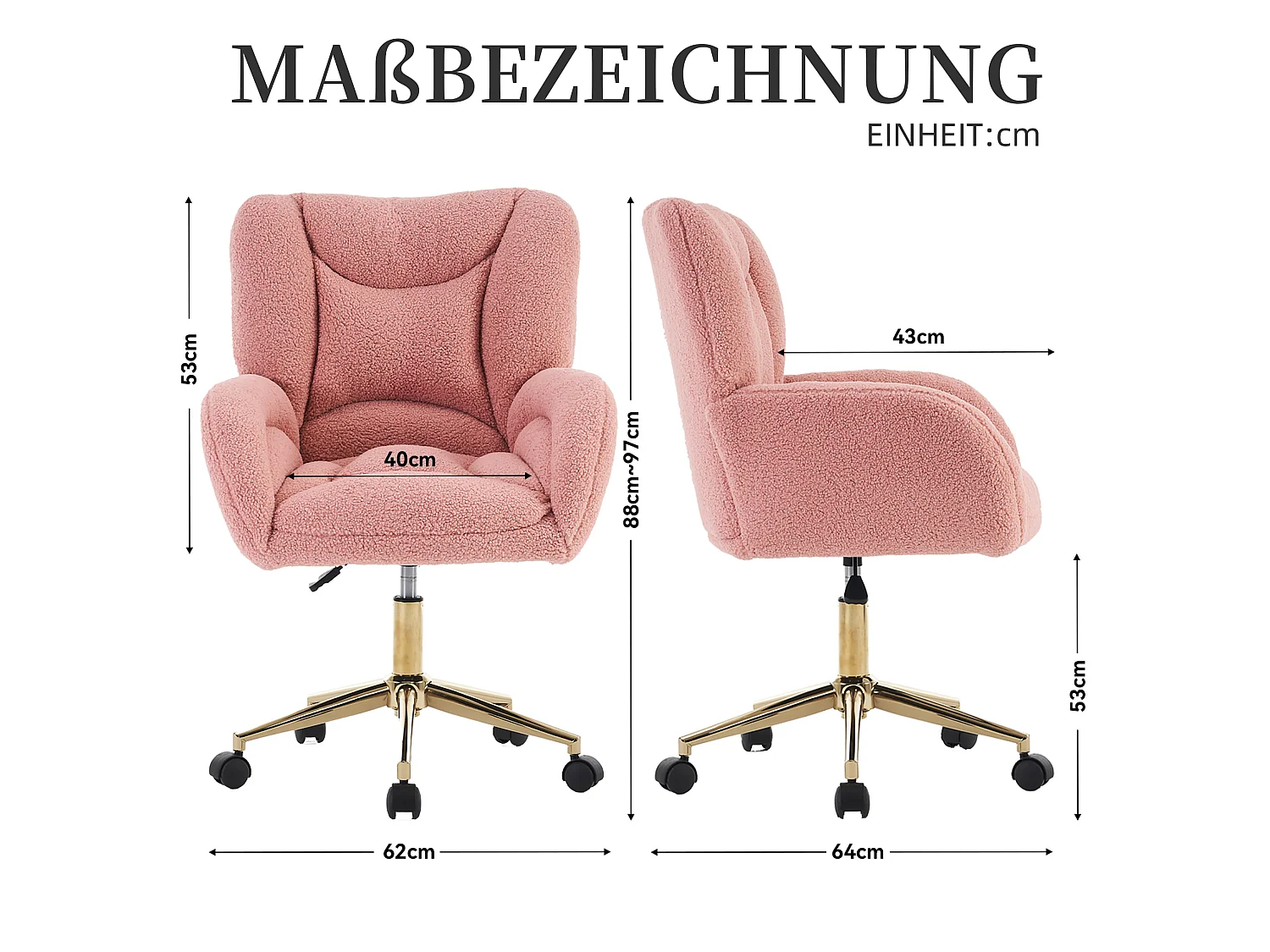 Chaise de bureau Teddy réglable en hauteur avec base en métal, tissu Sherpa rose, accoudoirs, roues pivotantes à 360°