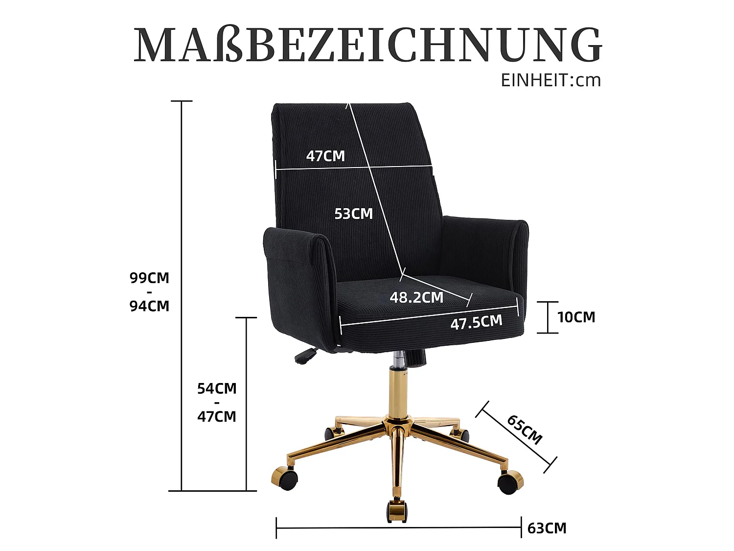 Bürostuhl aus Corduroy mit Memory-Schaum Sitzkissen, ergonomischer Schreibtischstuhl mit Wippfunktion und höhenverstellbar für Büro und Home Office