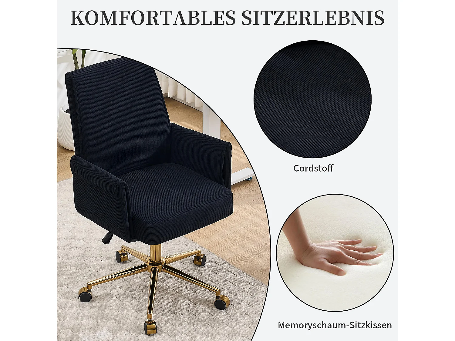 Bürostuhl aus Corduroy mit Memory-Schaum Sitzkissen, ergonomischer Schreibtischstuhl mit Wippfunktion und höhenverstellbar für Büro und Home Office