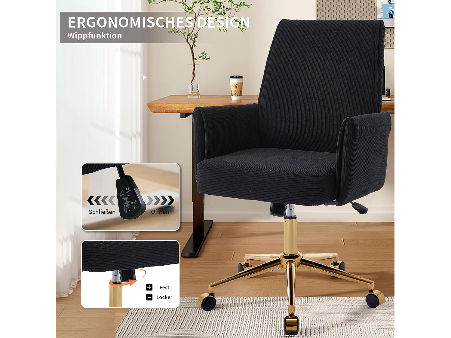 Bürostuhl aus Corduroy mit Memory-Schaum Sitzkissen, ergonomischer Schreibtischstuhl mit Wippfunktion und höhenverstellbar für Büro und Home Office