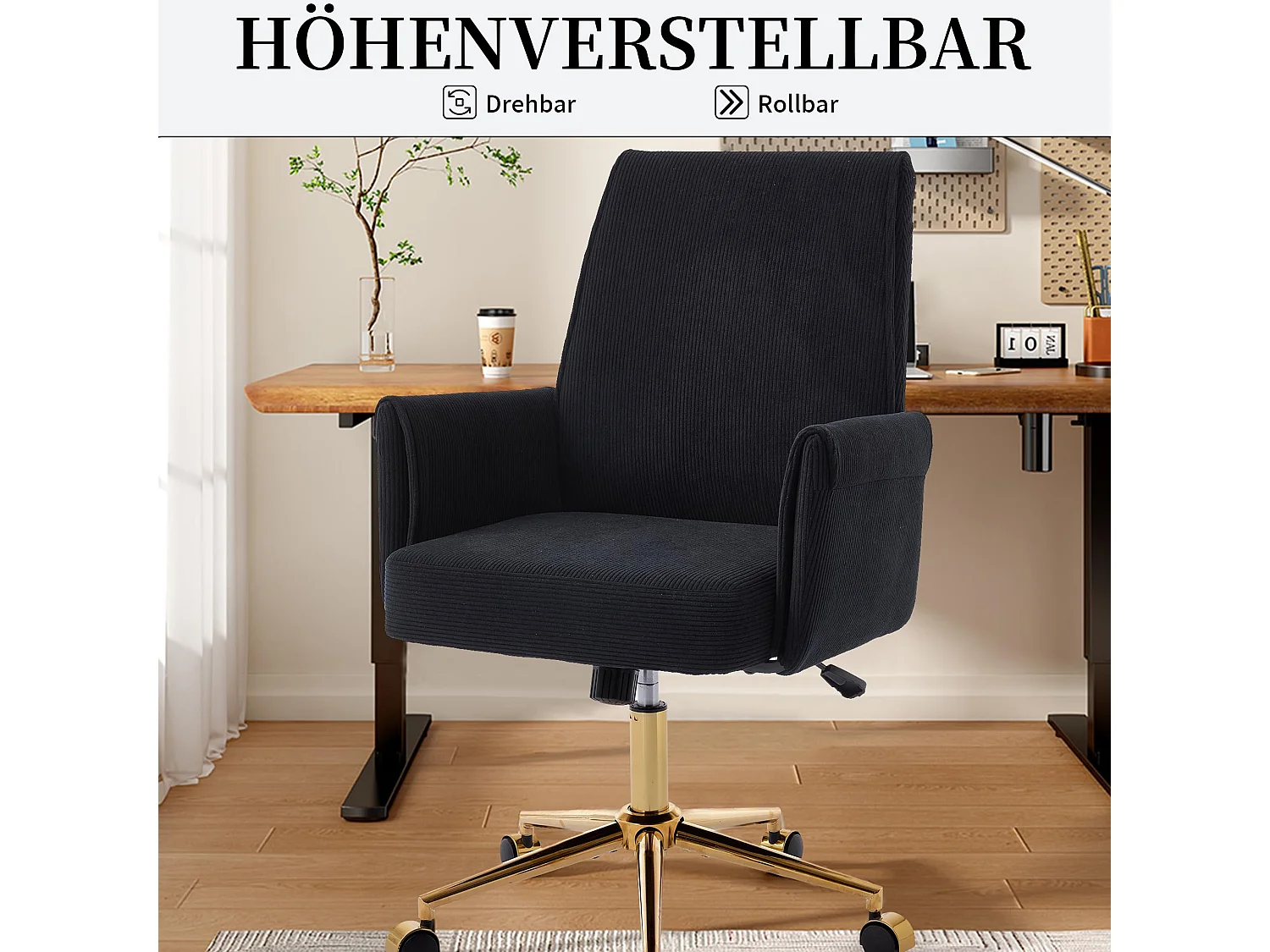 Bürostuhl aus Corduroy mit Memory-Schaum Sitzkissen, ergonomischer Schreibtischstuhl mit Wippfunktion und höhenverstellbar für Büro und Home Office