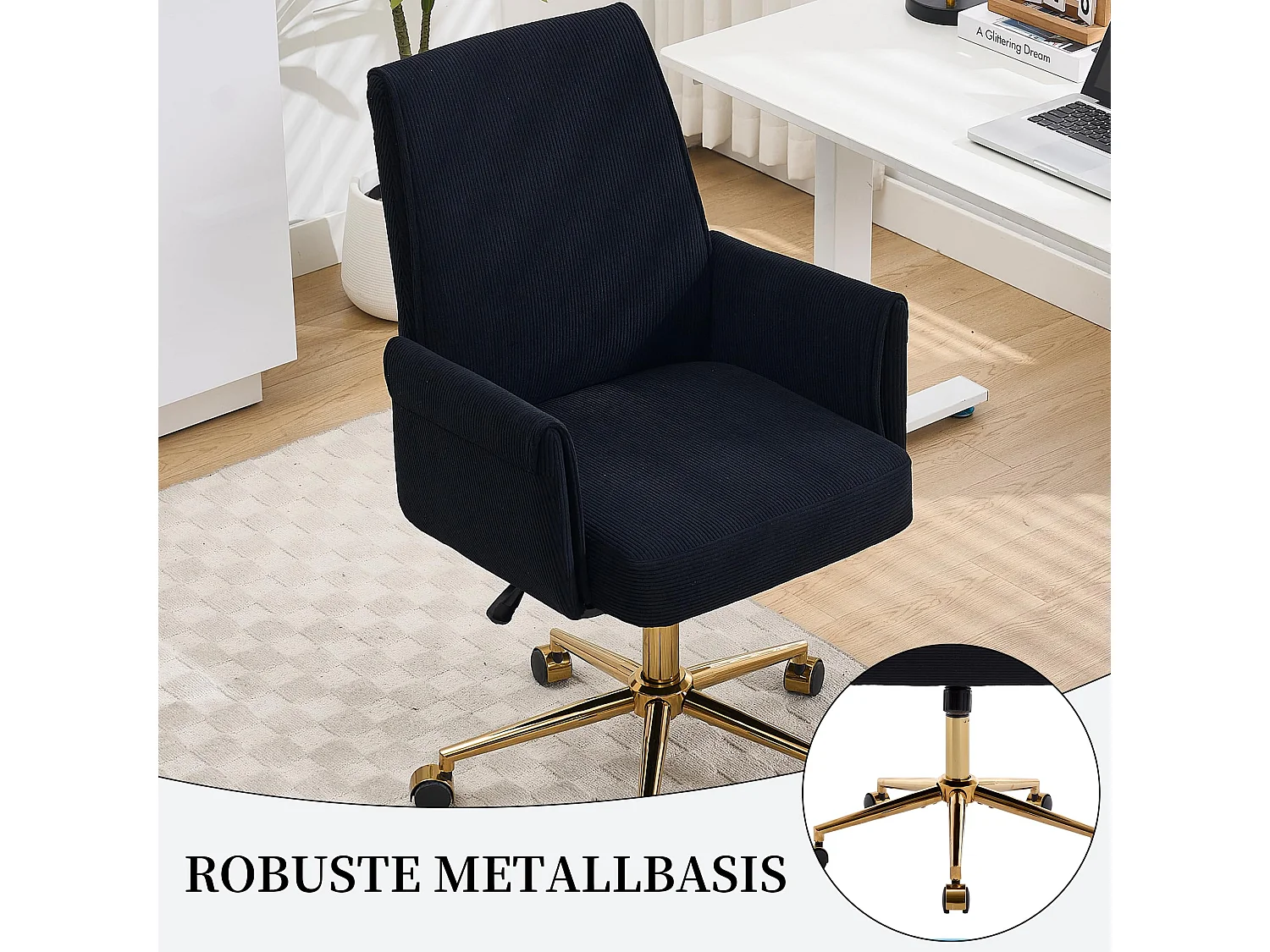 Bürostuhl aus Corduroy mit Memory-Schaum Sitzkissen, ergonomischer Schreibtischstuhl mit Wippfunktion und höhenverstellbar für Büro und Home Office