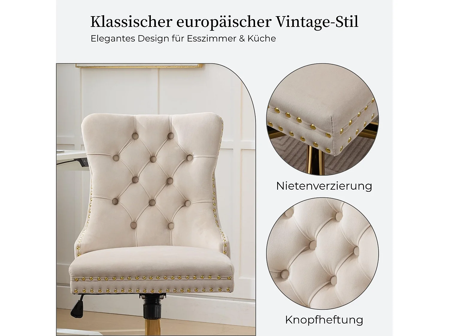 Vintage Samt Bürostuhl mit Flügelrücken, Knopfheftung und Ziernieten