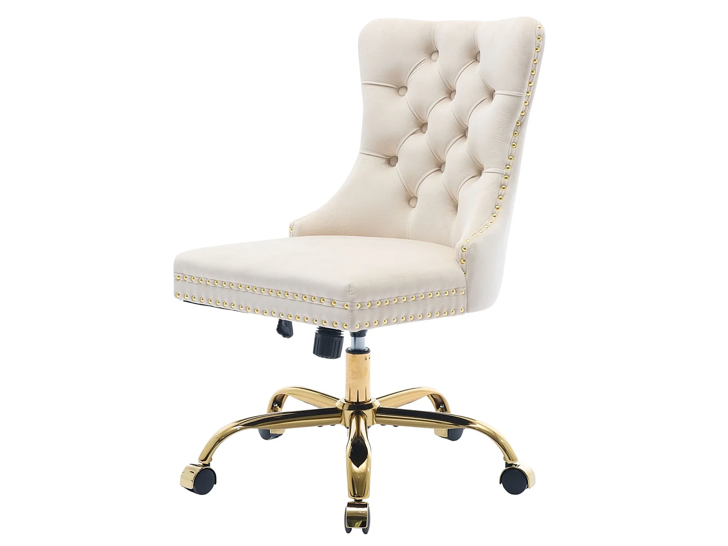 Chaise de bureau vintage en velours avec dossier capitonné et base dorée à roulettes