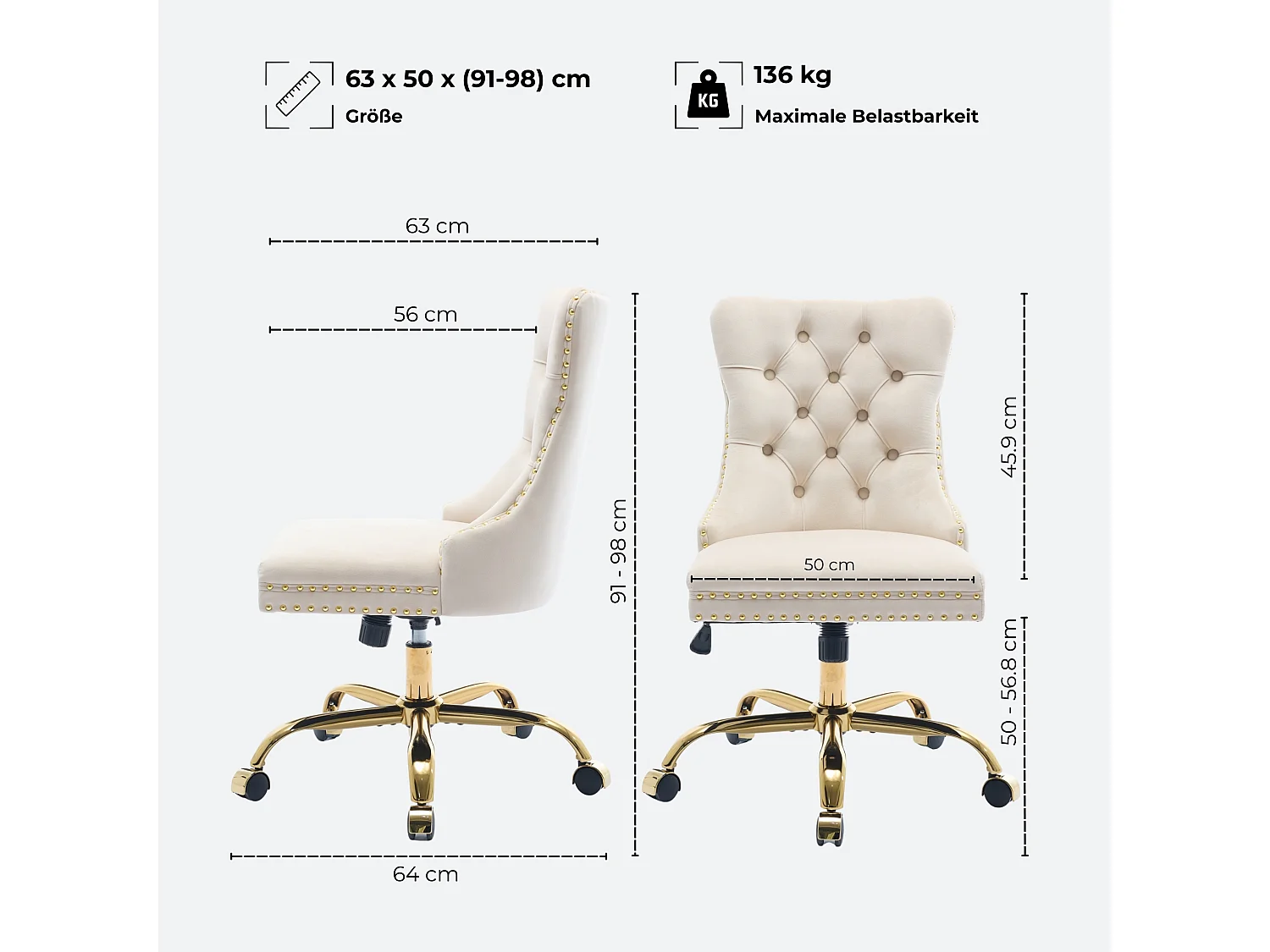 Chaise de bureau vintage en velours avec dossier capitonné et base dorée à roulettes