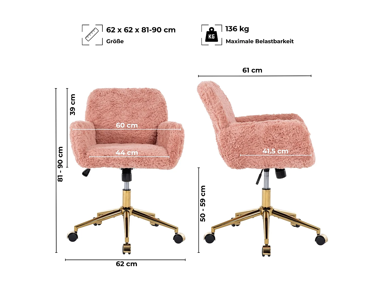 Chaise de maquillage en fausse fourrure réglable en hauteur avec fonction balancelle, pivotante à 360°, rose poudré, accoudoirs