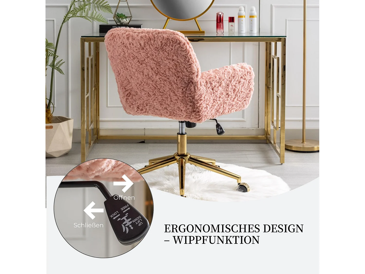 Chaise de maquillage en fausse fourrure réglable en hauteur avec fonction balancelle, pivotante à 360°, rose poudré, accoudoirs