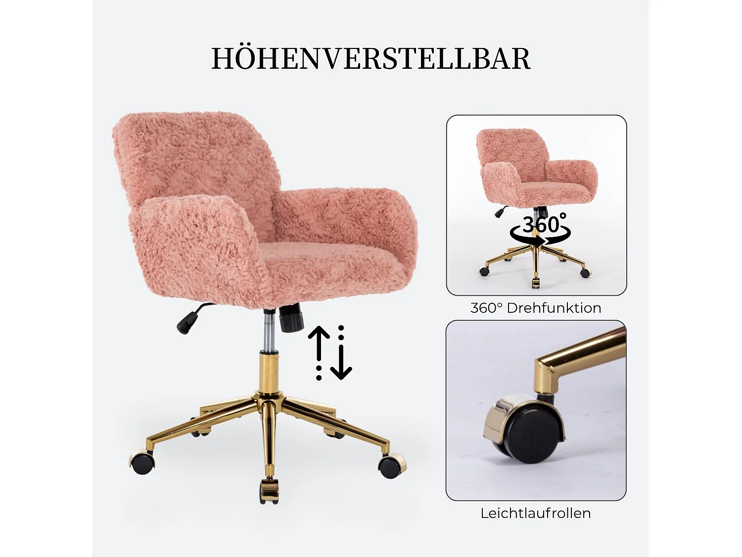 Chaise de maquillage en fausse fourrure réglable en hauteur avec fonction balancelle, pivotante à 360°, rose poudré, accoudoirs