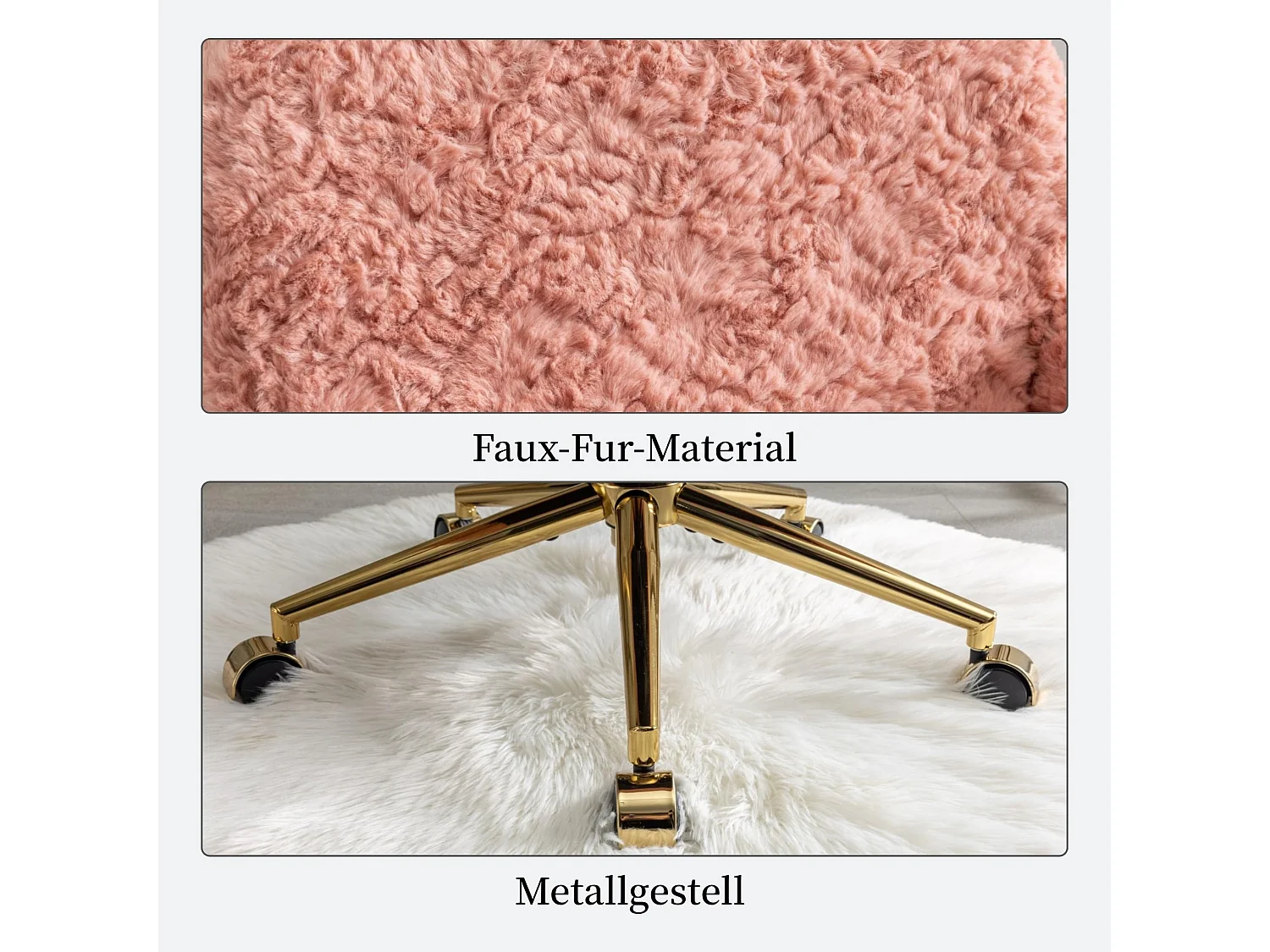Chaise de maquillage en fausse fourrure réglable en hauteur avec fonction balancelle, pivotante à 360°, rose poudré, accoudoirs
