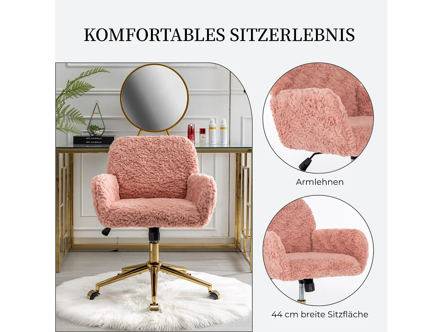 Chaise de maquillage en fausse fourrure réglable en hauteur avec fonction balancelle, pivotante à 360°, rose poudré, accoudoirs