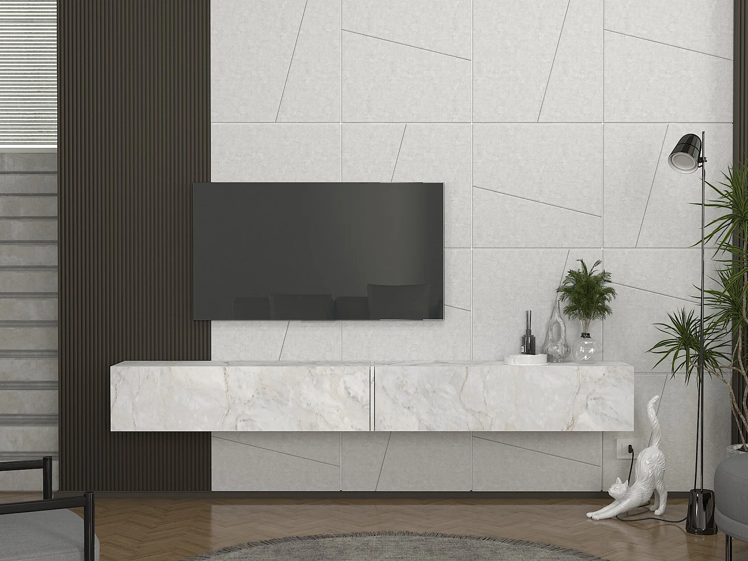 Meuble TV suspendu avec 2 portes - Effet marbre blanc - VIKILA