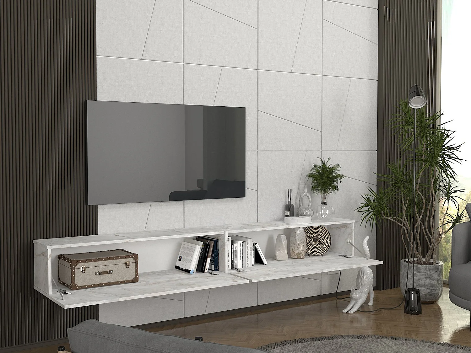 Meuble TV suspendu avec 2 portes - Effet marbre blanc - VIKILA