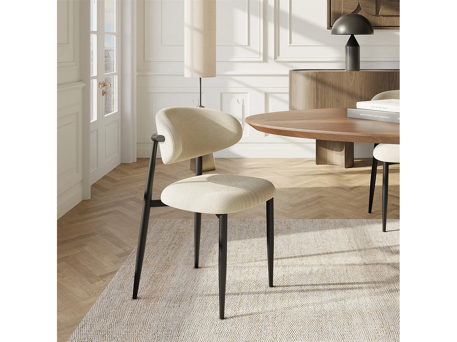 Lot de 2 chaises LINA en tissu tramé toucher doux crème