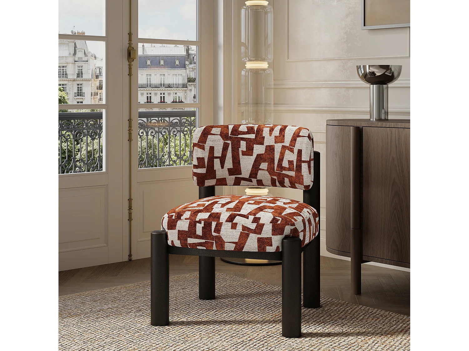 Fauteuil ELY en tissu texturé à motif terracotta