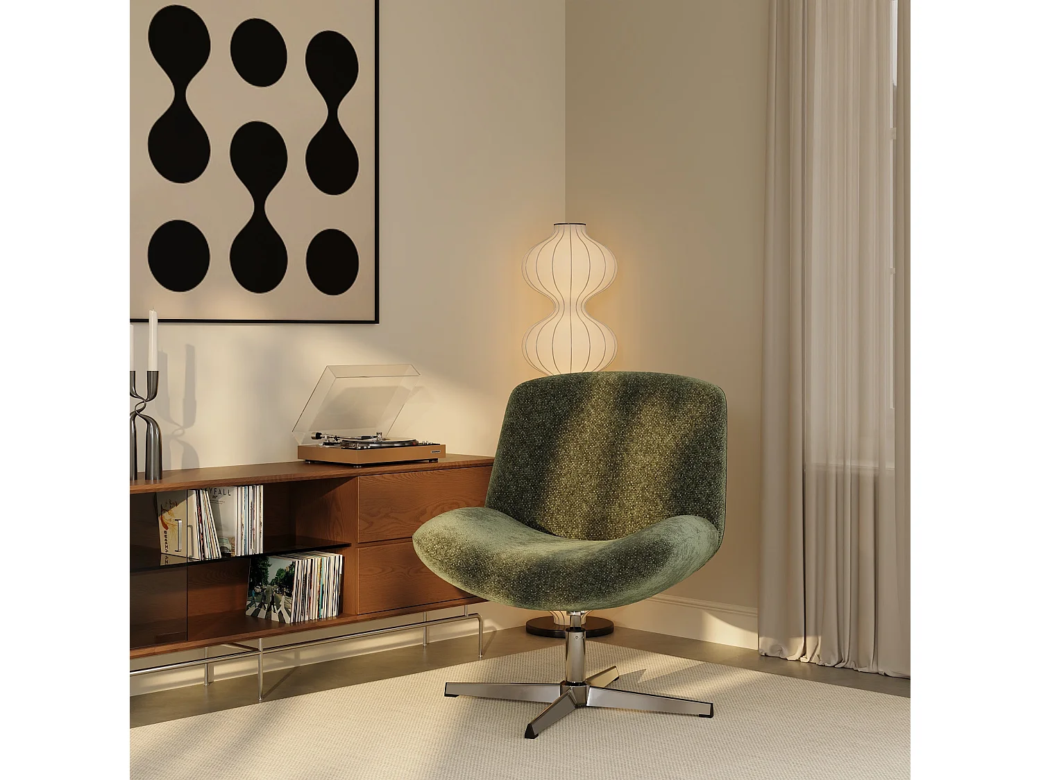 Fauteuil pivotant ABY en velours texturé vert vintage