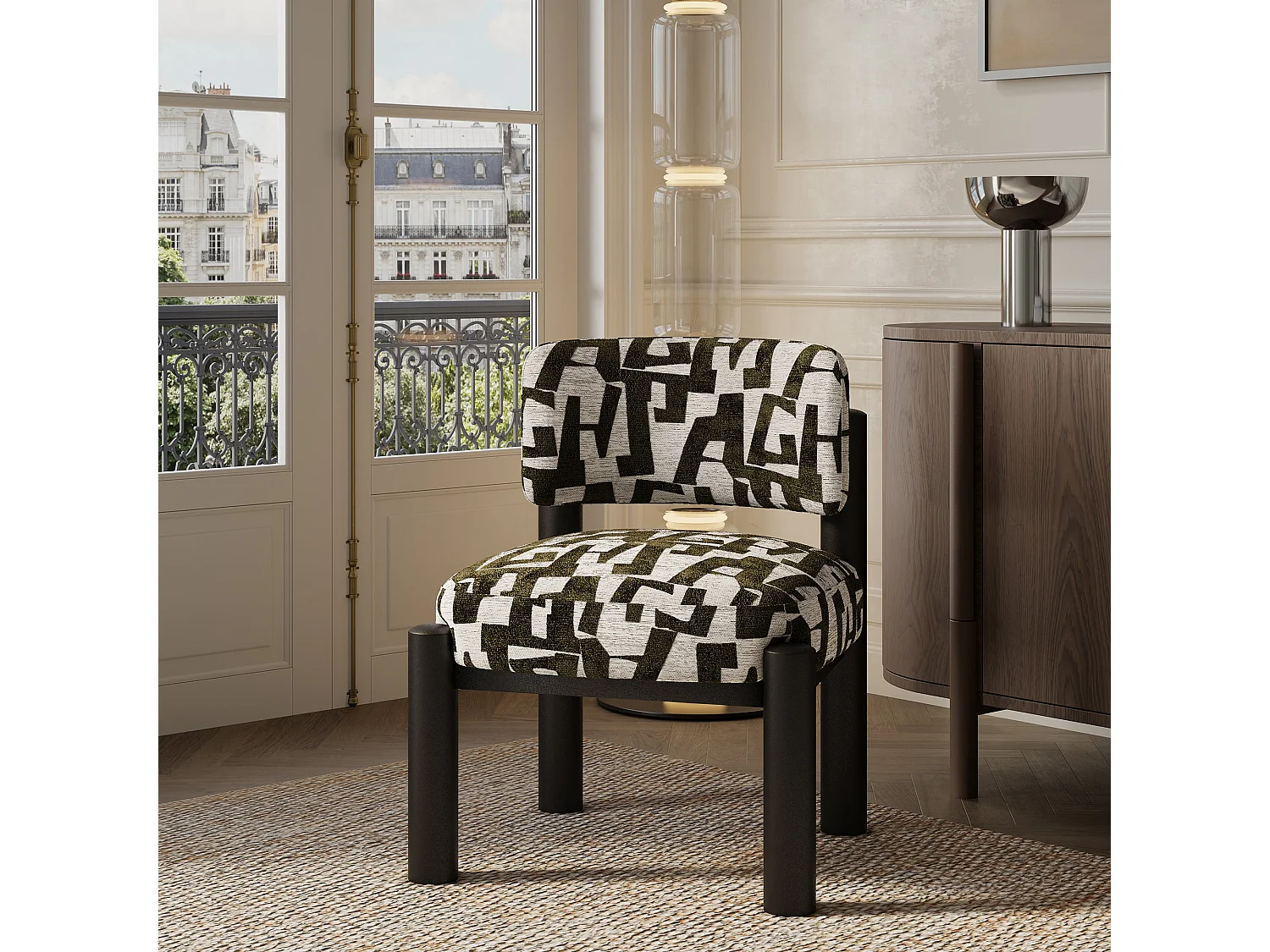 Fauteuil ELY en tissu texturé à motif vert vintage