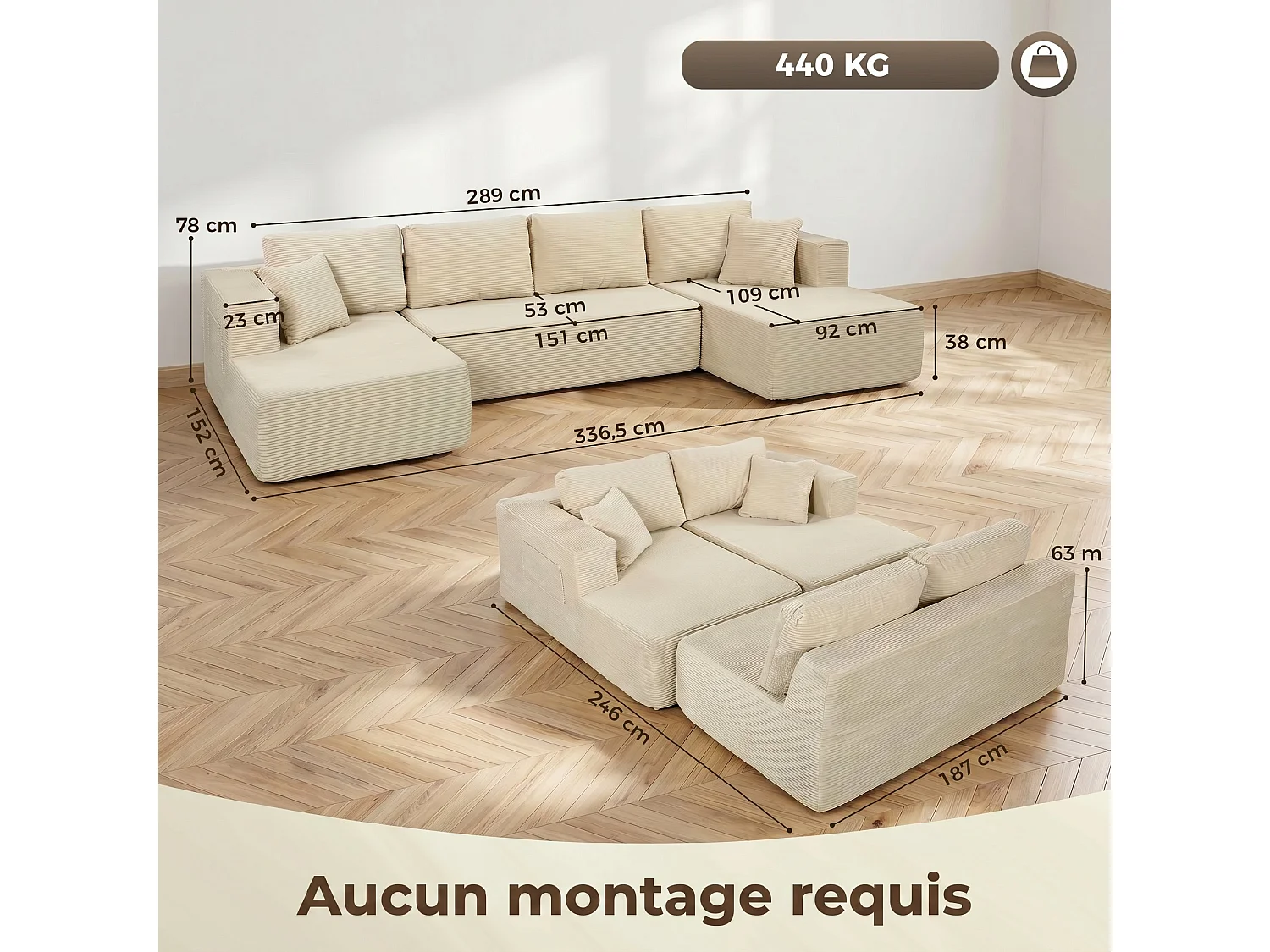 Canapé panoramique modulable 4 places velours côtelé beige