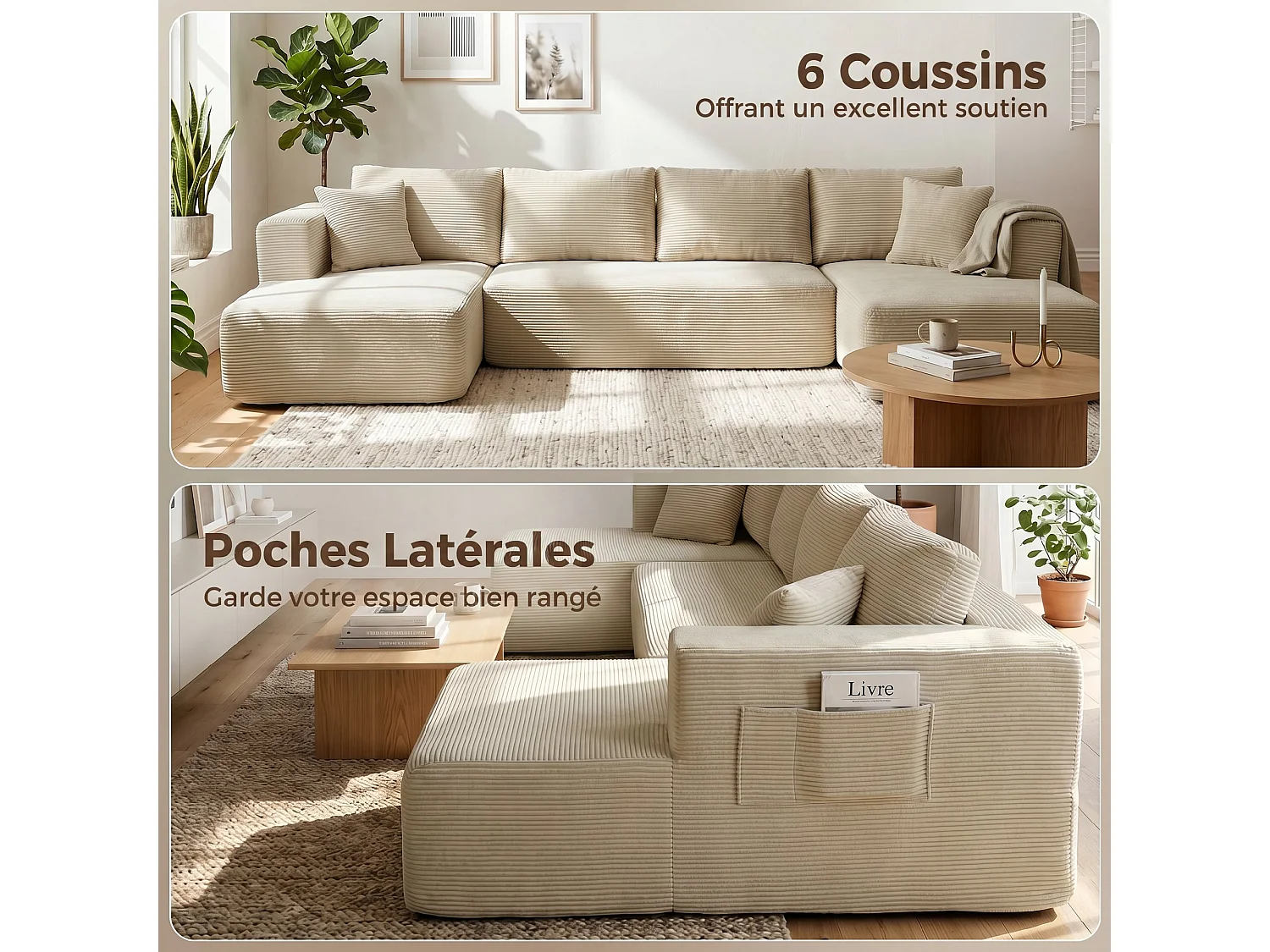 Canapé panoramique modulable 4 places velours côtelé beige
