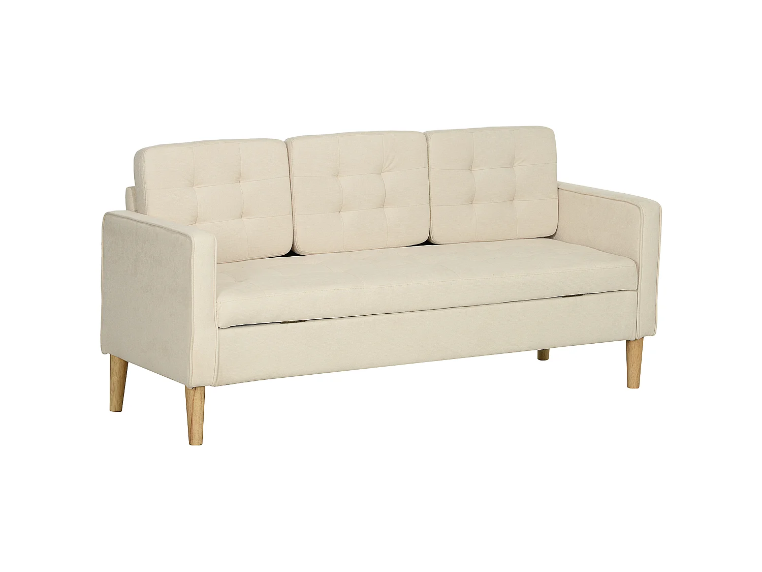 Canapé 3 places style scandinave - coffre rangement intégré - piètement bois effilé tissu beige