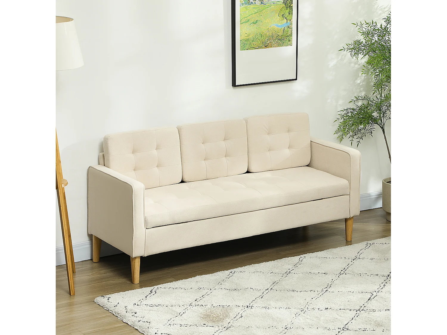 Canapé 3 places style scandinave - coffre rangement intégré - piètement bois effilé tissu beige