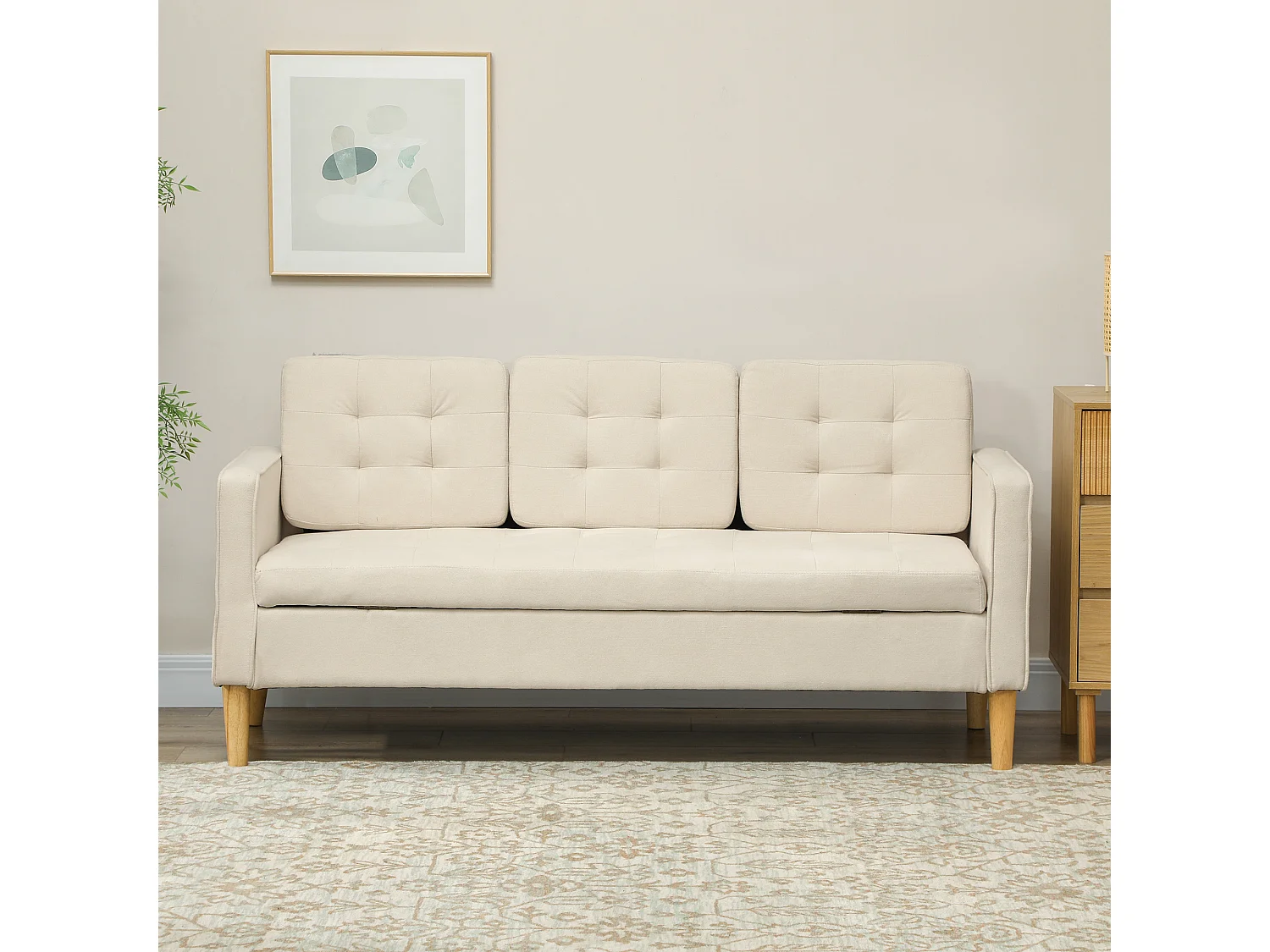 Canapé 3 places style scandinave - coffre rangement intégré - piètement bois effilé tissu beige