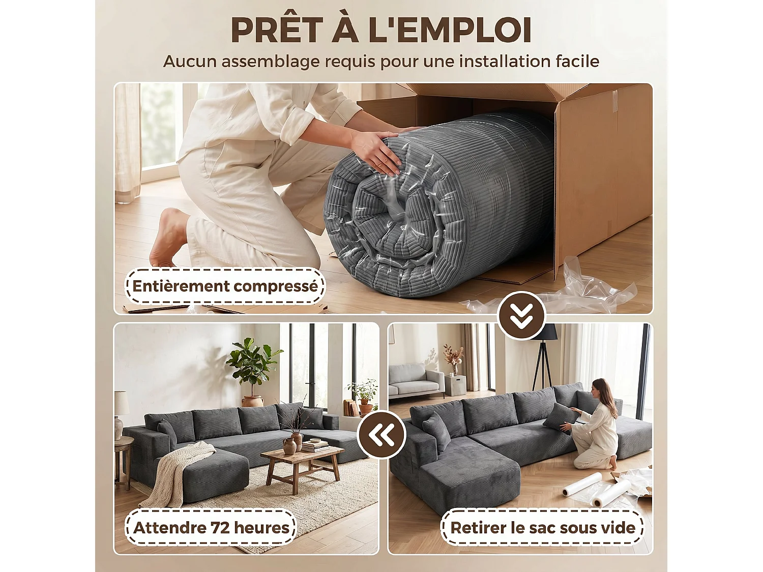 Canapé panoramique modulable 4 places velours côtelé gris