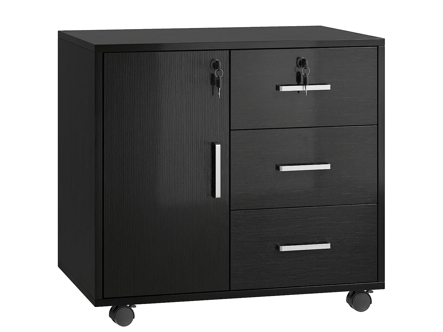 Support imprimante - caisson bureau verrouillable -  3 tiroirs, porte, étagère, clés - noir