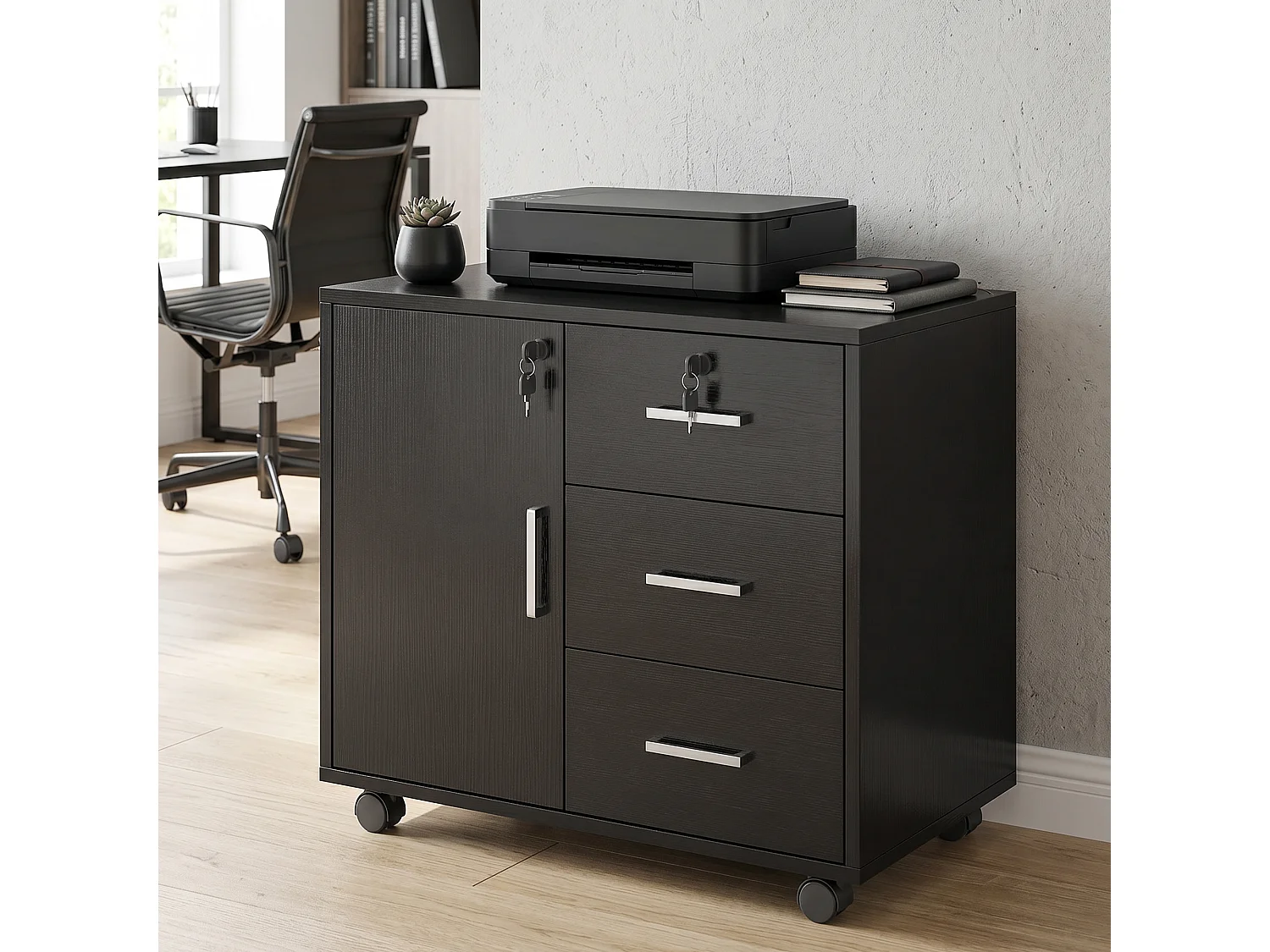 Support imprimante - caisson bureau verrouillable -  3 tiroirs, porte, étagère, clés - noir