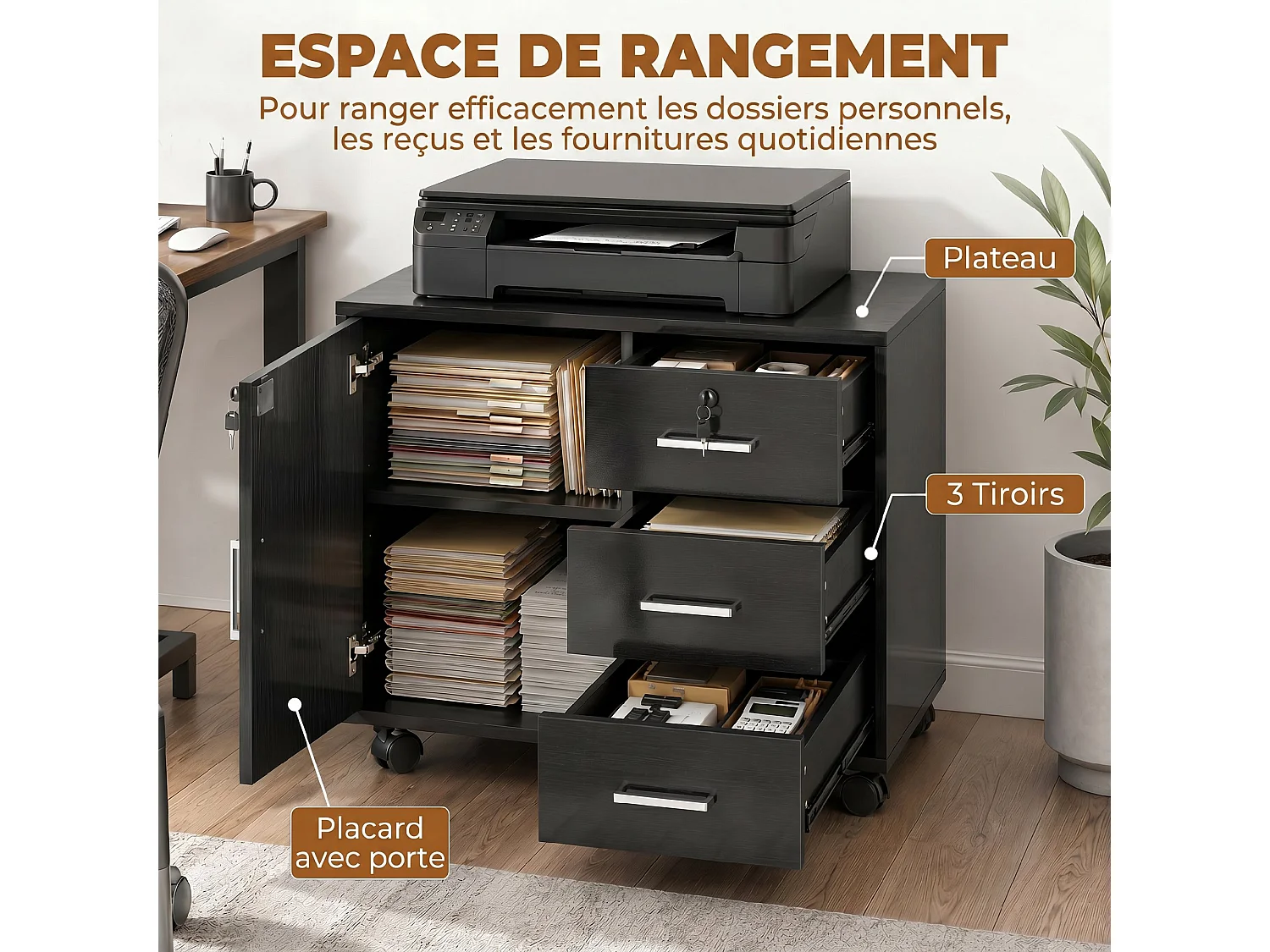 Support imprimante - caisson bureau verrouillable -  3 tiroirs, porte, étagère, clés - noir