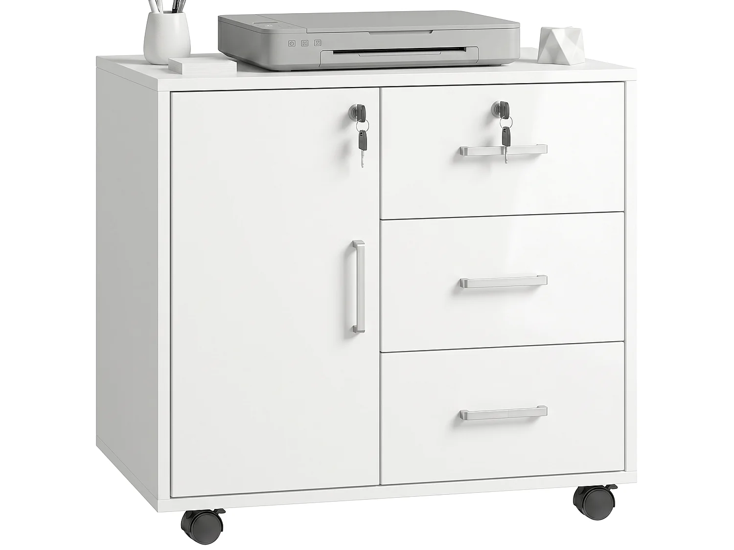 Support imprimante - caisson bureau verrouillable -  3 tiroirs, porte, étagère, clés - blanc