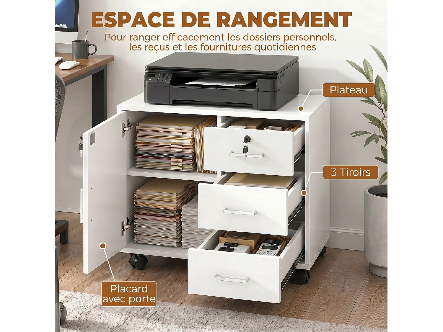 Support imprimante - caisson bureau verrouillable -  3 tiroirs, porte, étagère, clés - blanc
