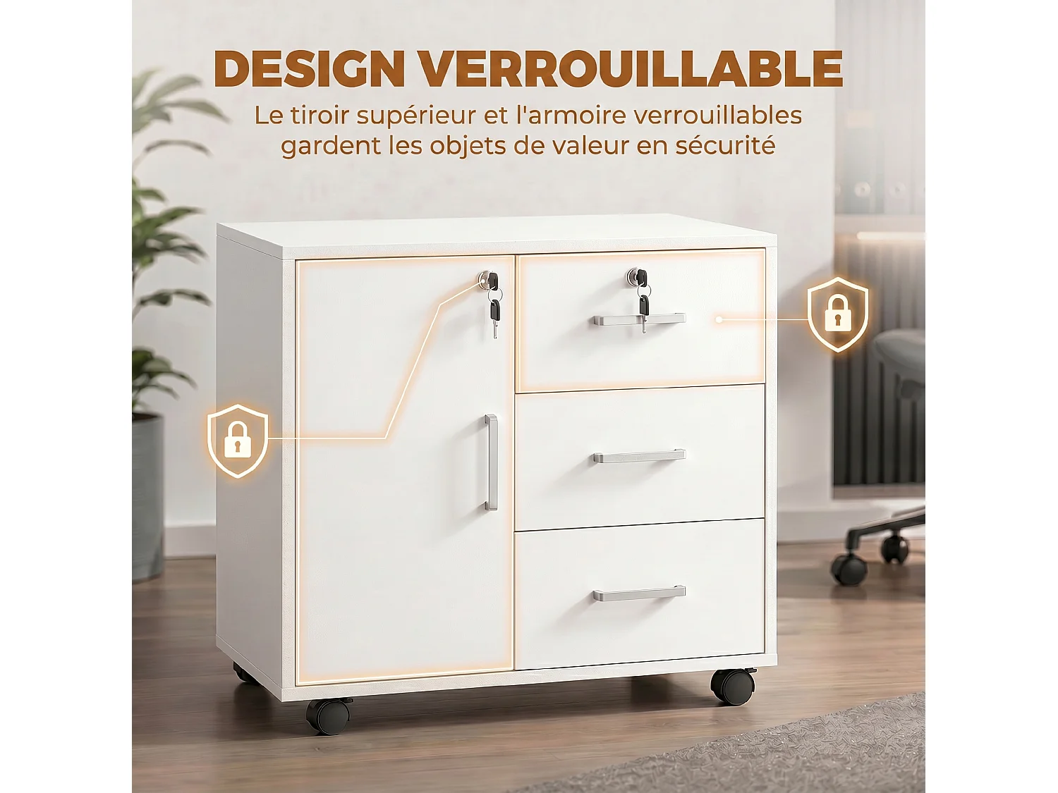 Support imprimante - caisson bureau verrouillable -  3 tiroirs, porte, étagère, clés - blanc