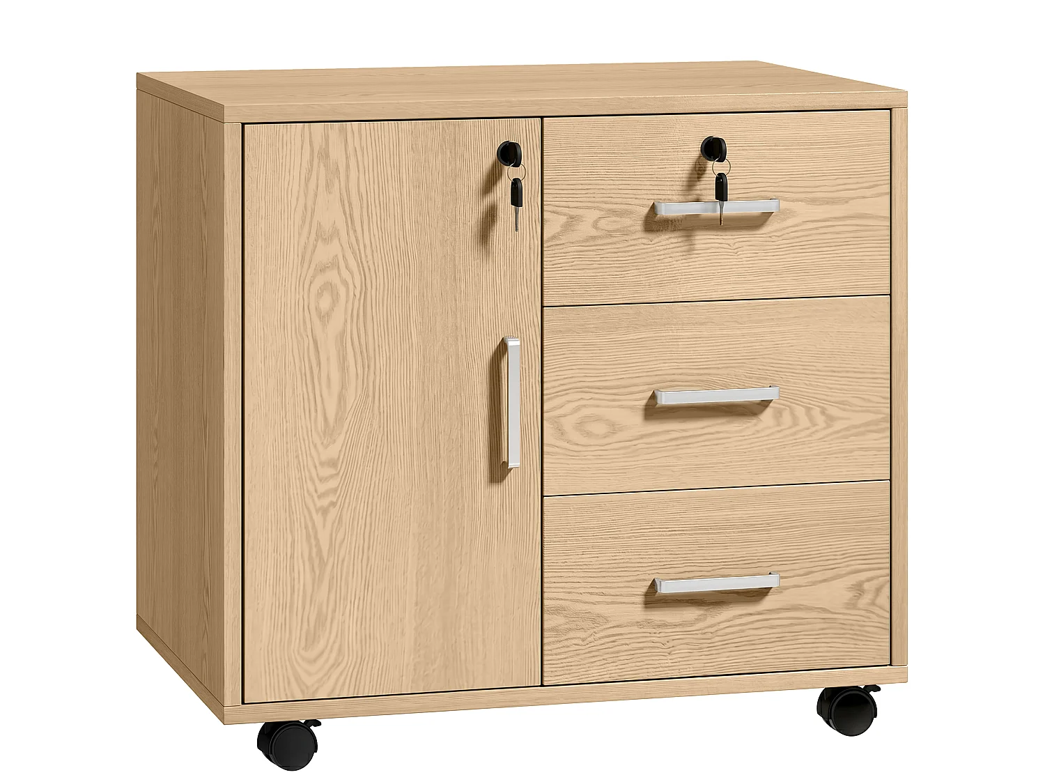Support imprimante - caisson bureau verrouillable -  3 tiroirs, porte, étagère, clés - naturel