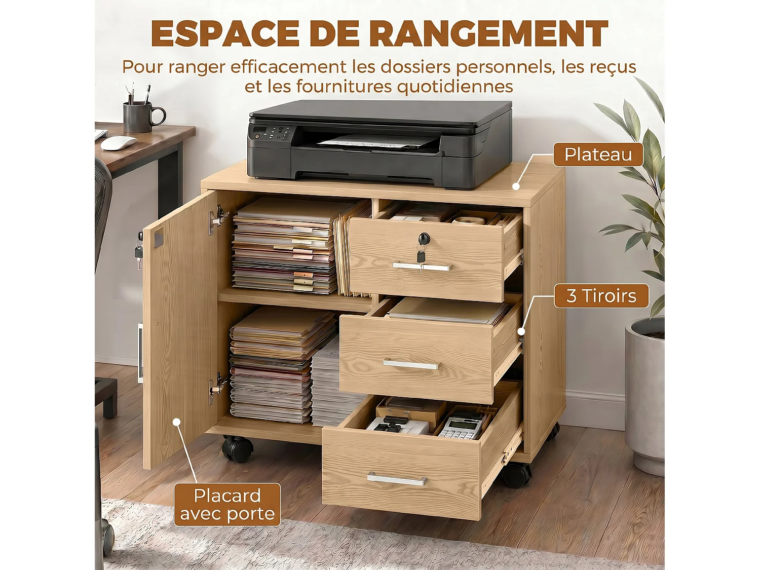 Support imprimante - caisson bureau verrouillable -  3 tiroirs, porte, étagère, clés - naturel