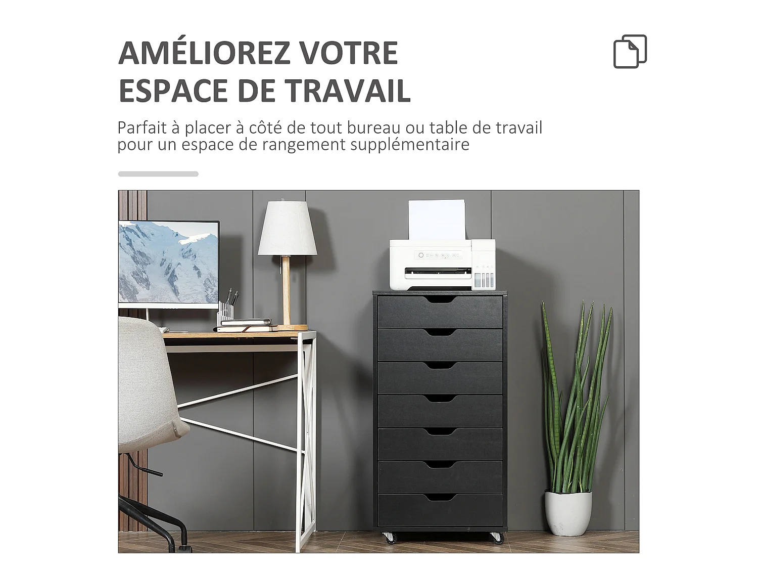 Caisson bureau - rangement bureau 7 tiroirs - dim. 47,5L x 39,5l x 90H cm - noir