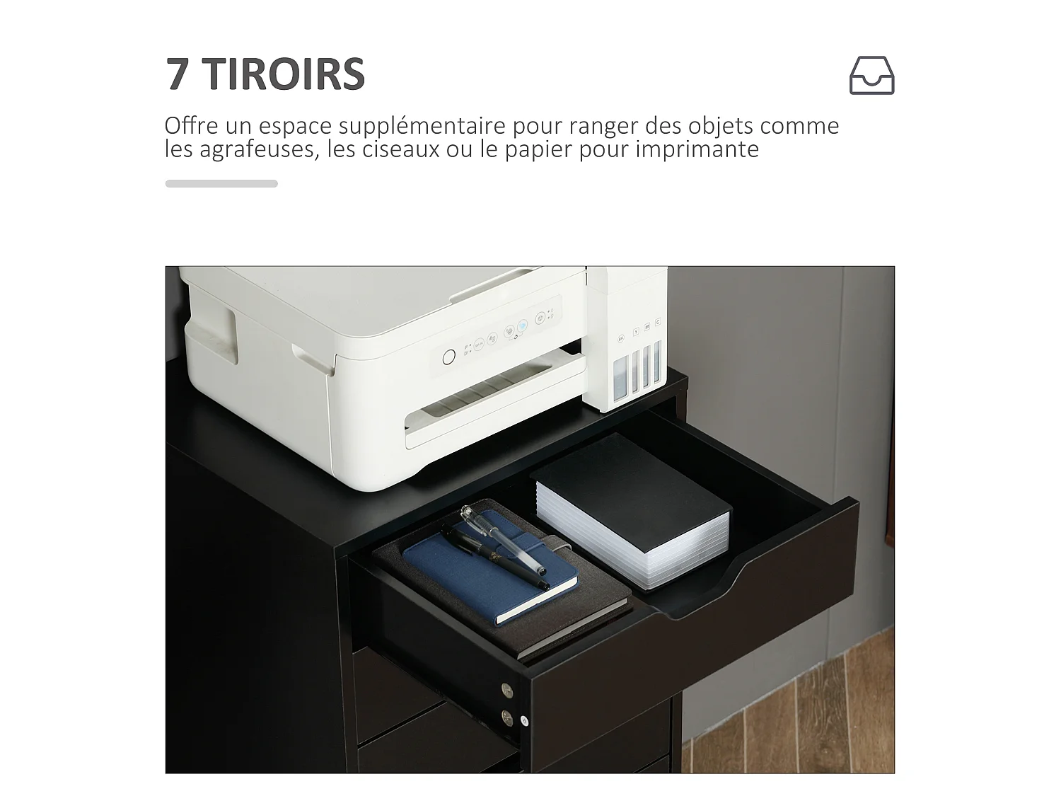Caisson bureau - rangement bureau 7 tiroirs - dim. 47,5L x 39,5l x 90H cm - noir