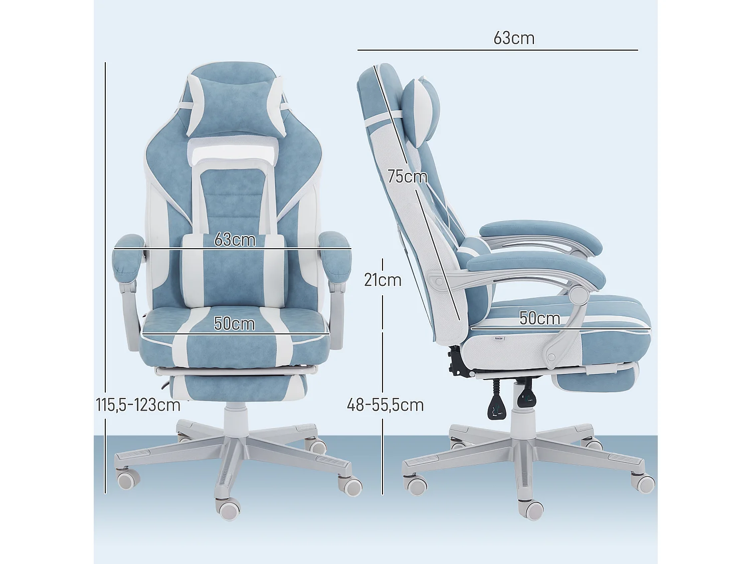 Chaise gaming inclinable réglable repose-pieds rétractable blanc bleu