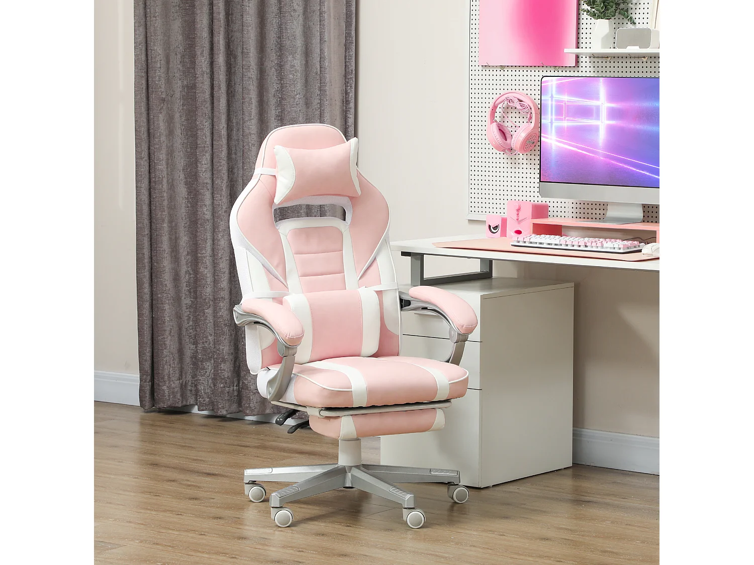Chaise gaming inclinable réglable repose-pieds rétractable blanc rose pâle