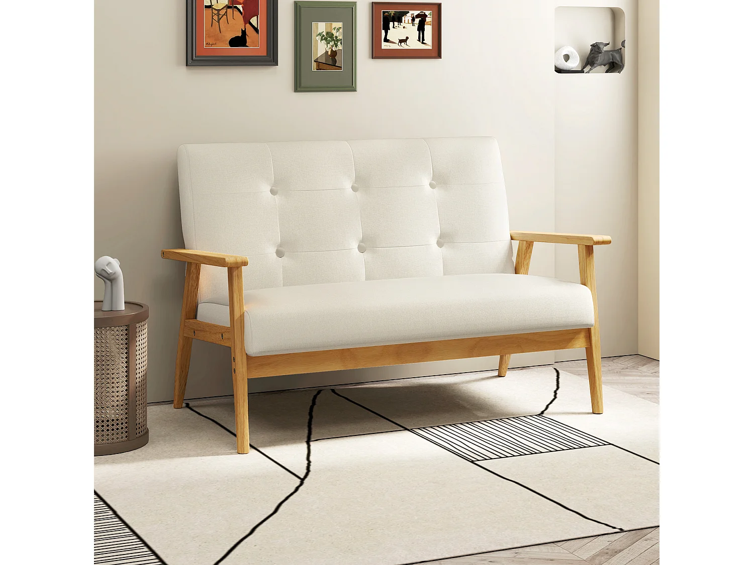 Canapé 2 places style scandinave dim. 115l x 66,5P x 73H cm bois tissu beige