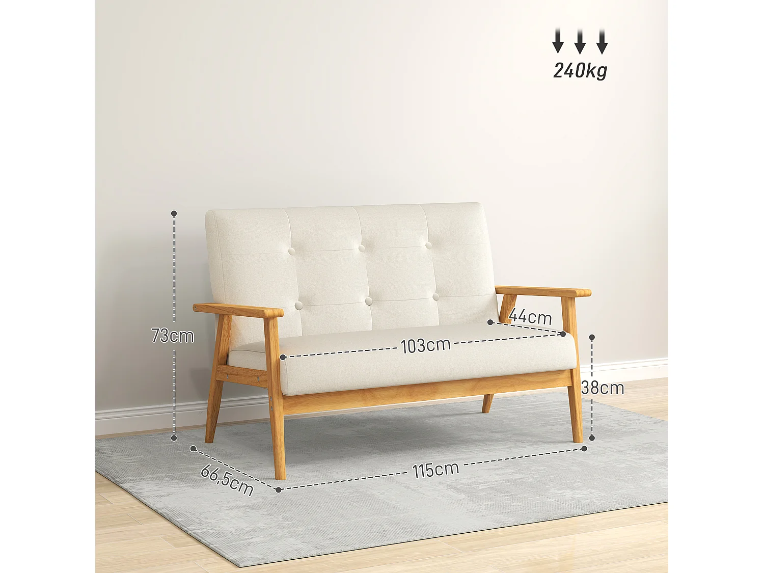 Canapé 2 places style scandinave dim. 115l x 66,5P x 73H cm bois tissu beige