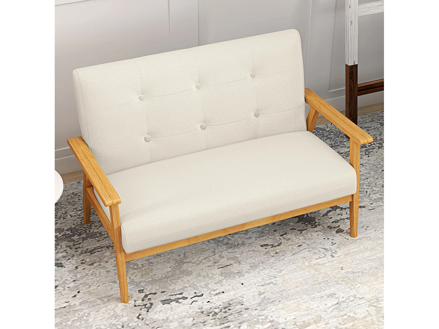 Canapé 2 places style scandinave dim. 115l x 66,5P x 73H cm bois tissu beige