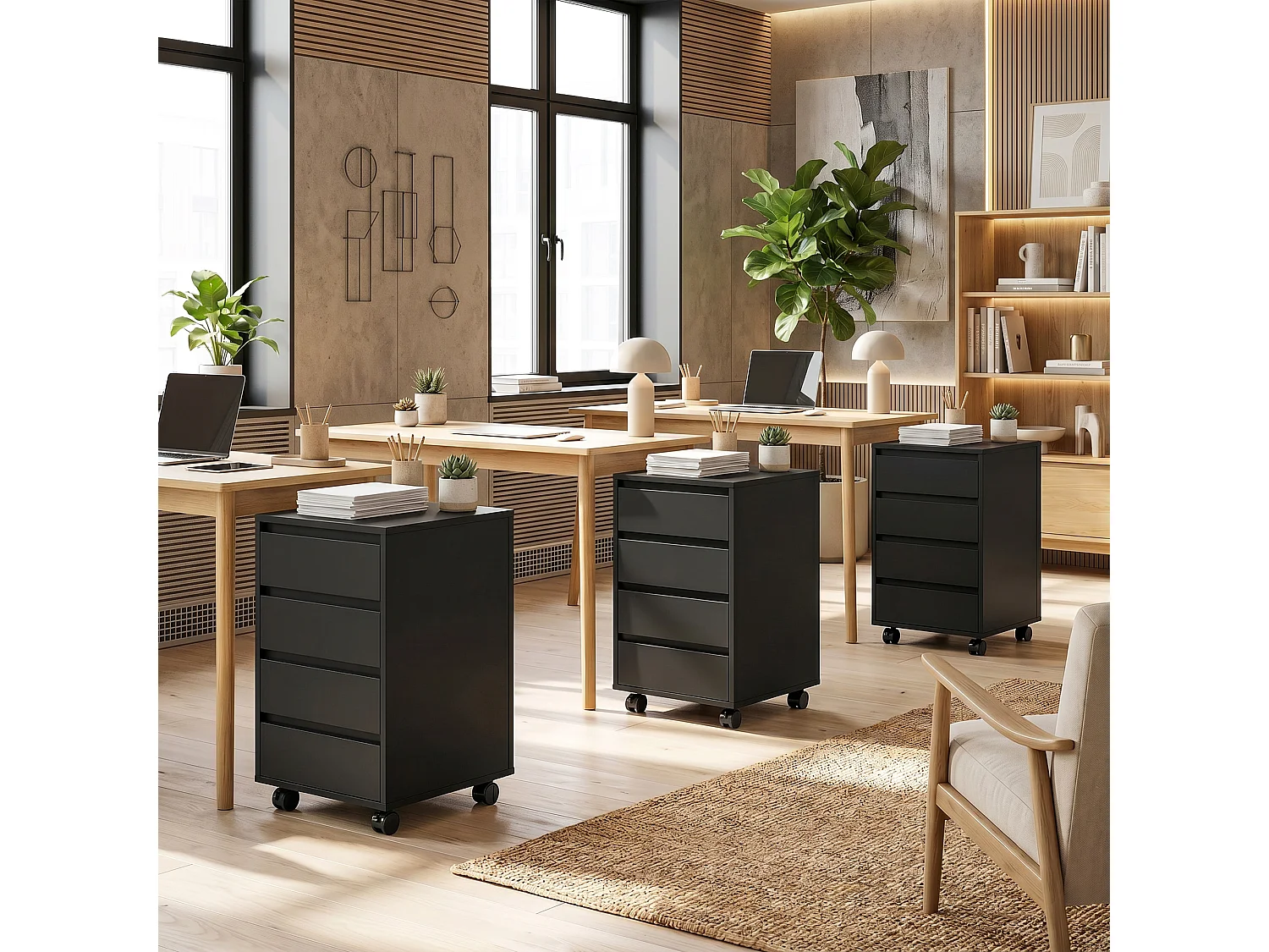 Caisson de bureau rangement bureau sur roulettes 4 tiroirs coulissants MDF noir