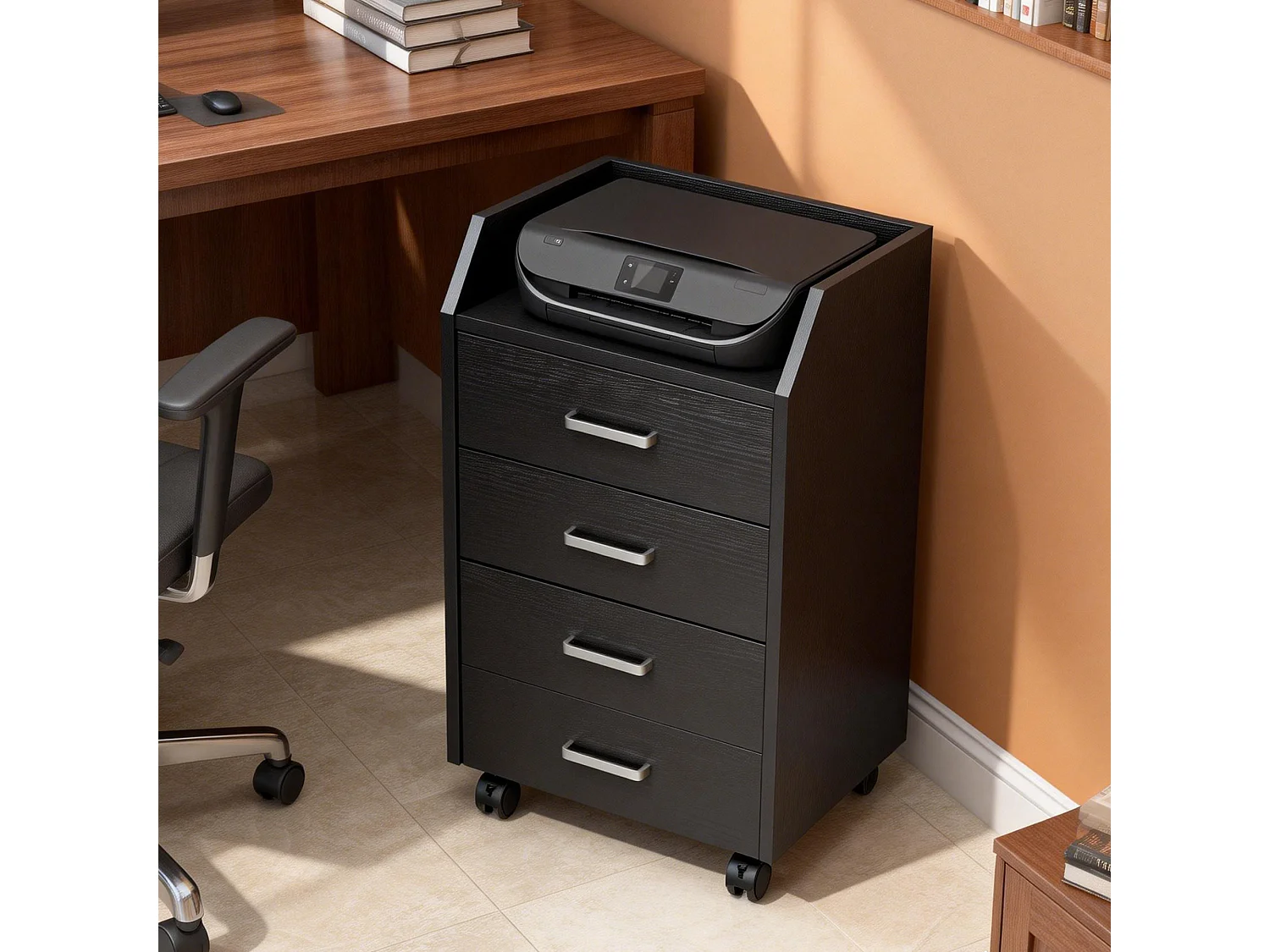 Caisson de bureau mobile 4 tiroirs coulissants plateau à rebord aspect bois noir