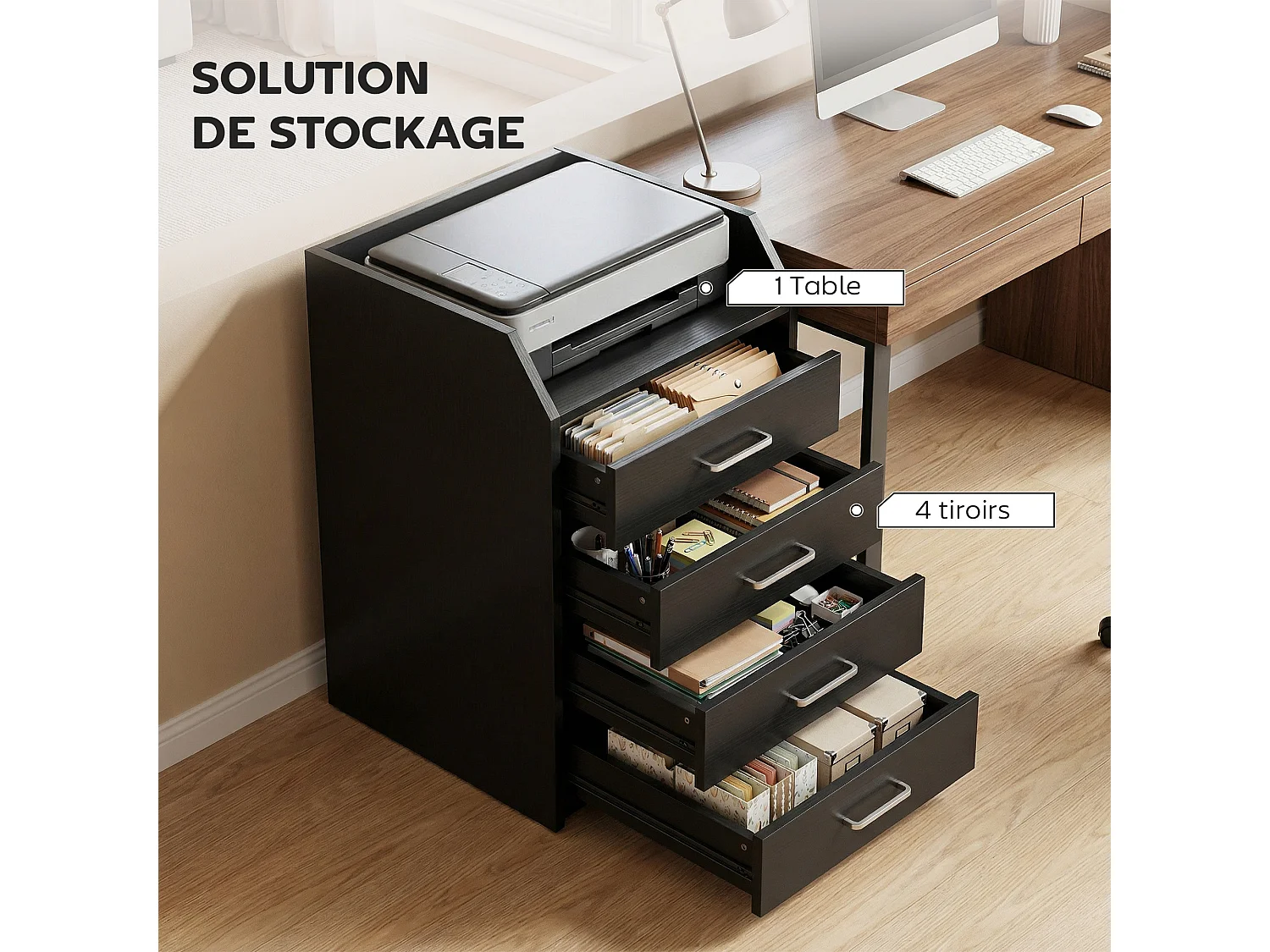 Caisson de bureau mobile 4 tiroirs coulissants plateau à rebord aspect bois noir