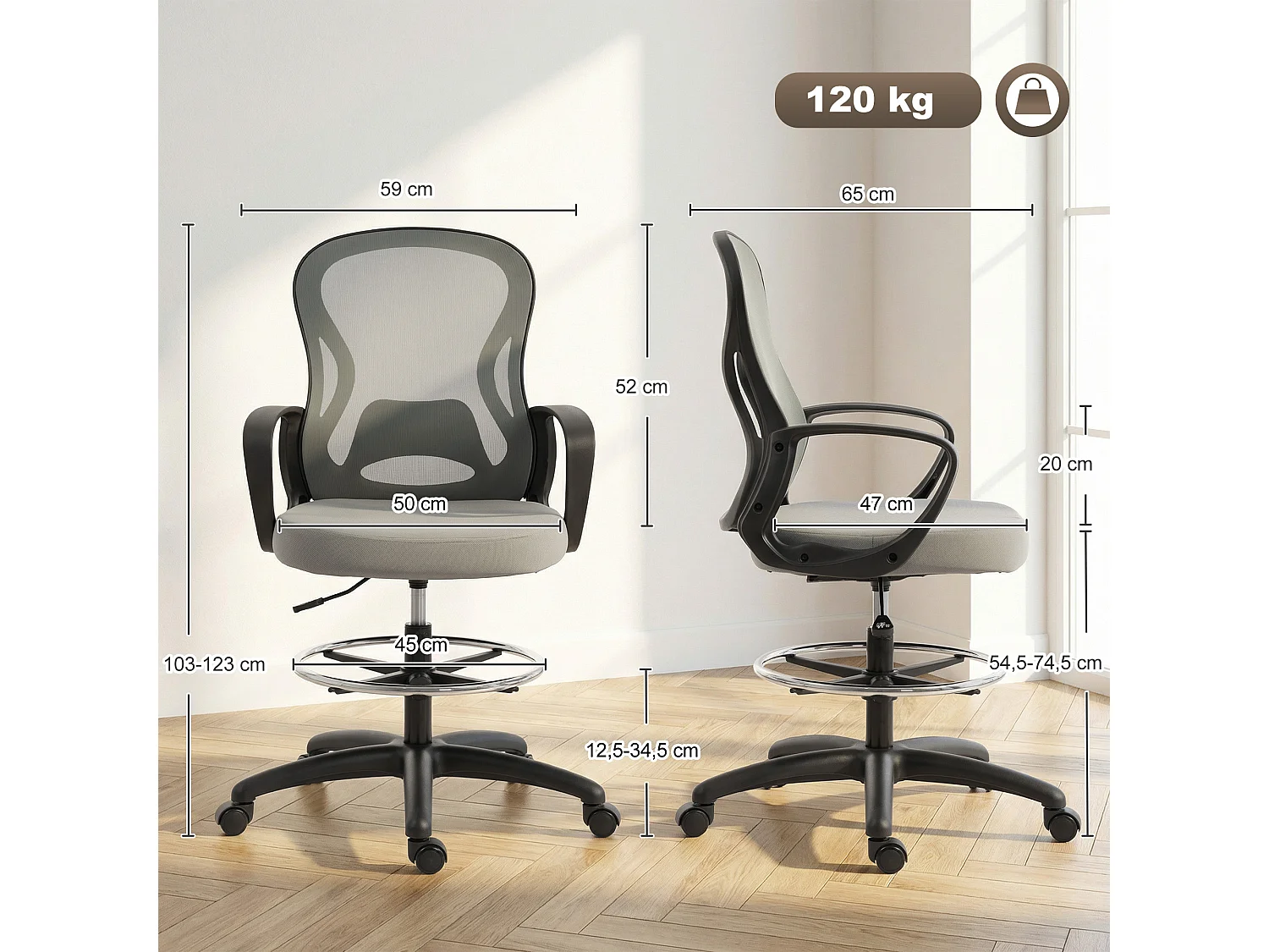 Chaise de bureau assise haute réglable pivotant 360° maille respirante gris
