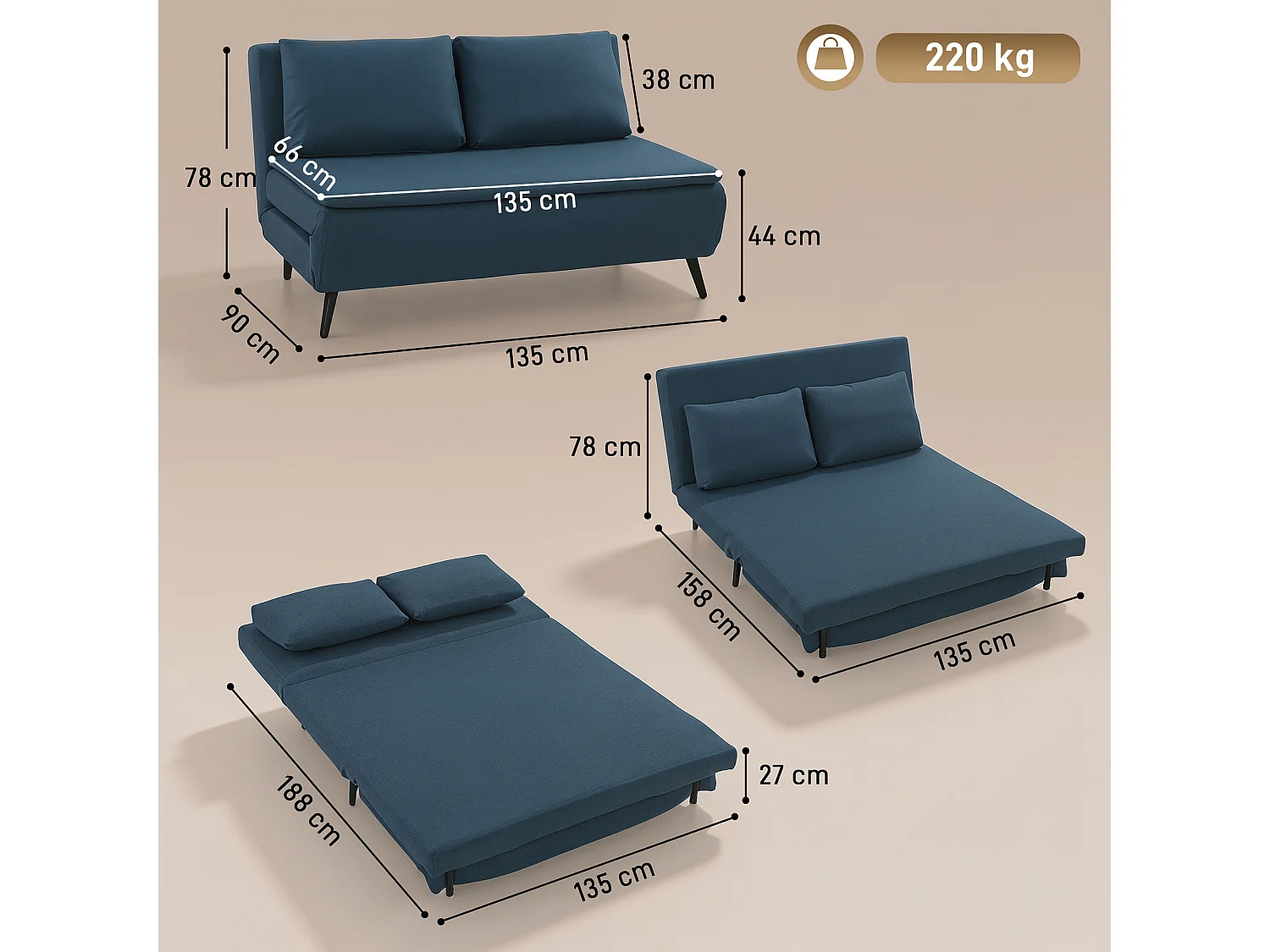 Canapé convertible 2 places inclinable tissu bleu foncé